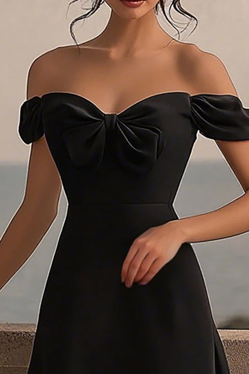 Black Satin A Line Formal Dress with Slit